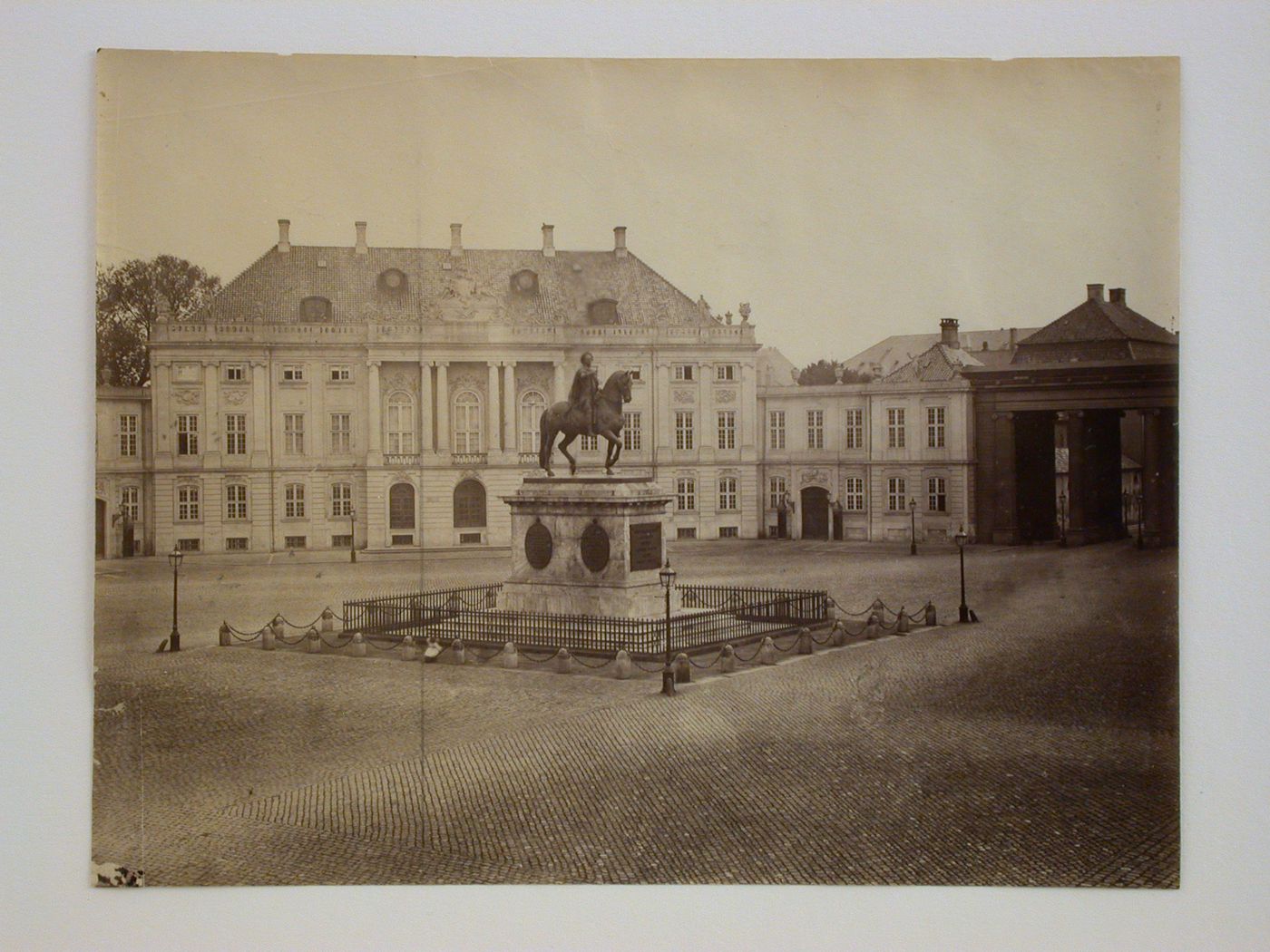 Partial view of Amalienborg Place with the equestrian statue of King Frederik V, Copenhagen, Denmark