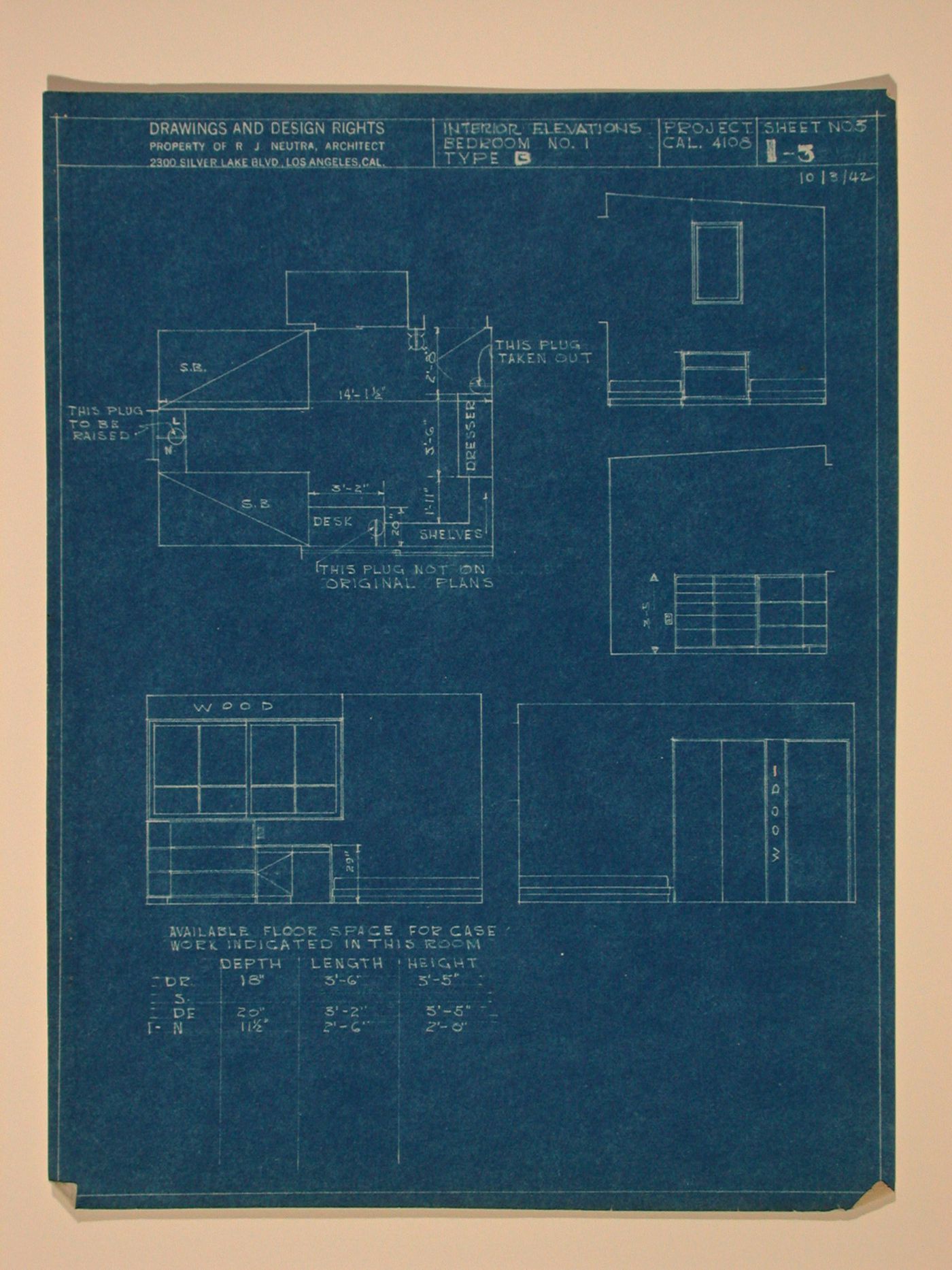 Interior elevations and plan for bedroom no. 1 type "B"