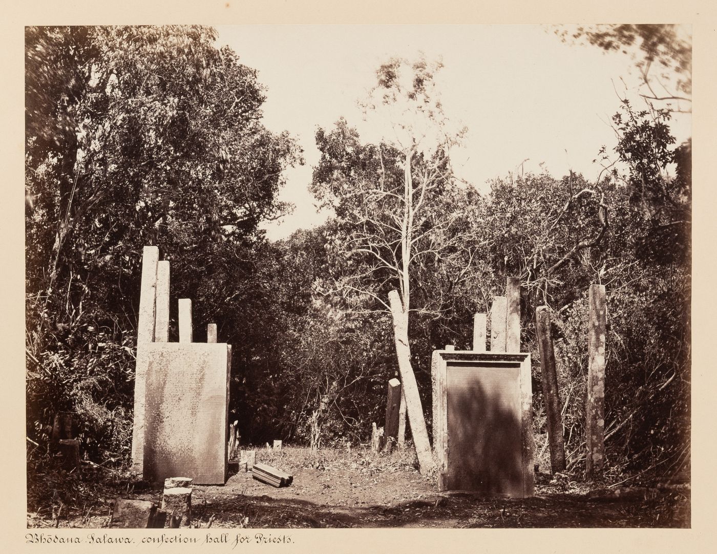 View of the ruins of a the Dana Salawa (also known as the Alms Hall and the Bhodana Salawa), Mihintale, Ceylon (now Sri Lanka)