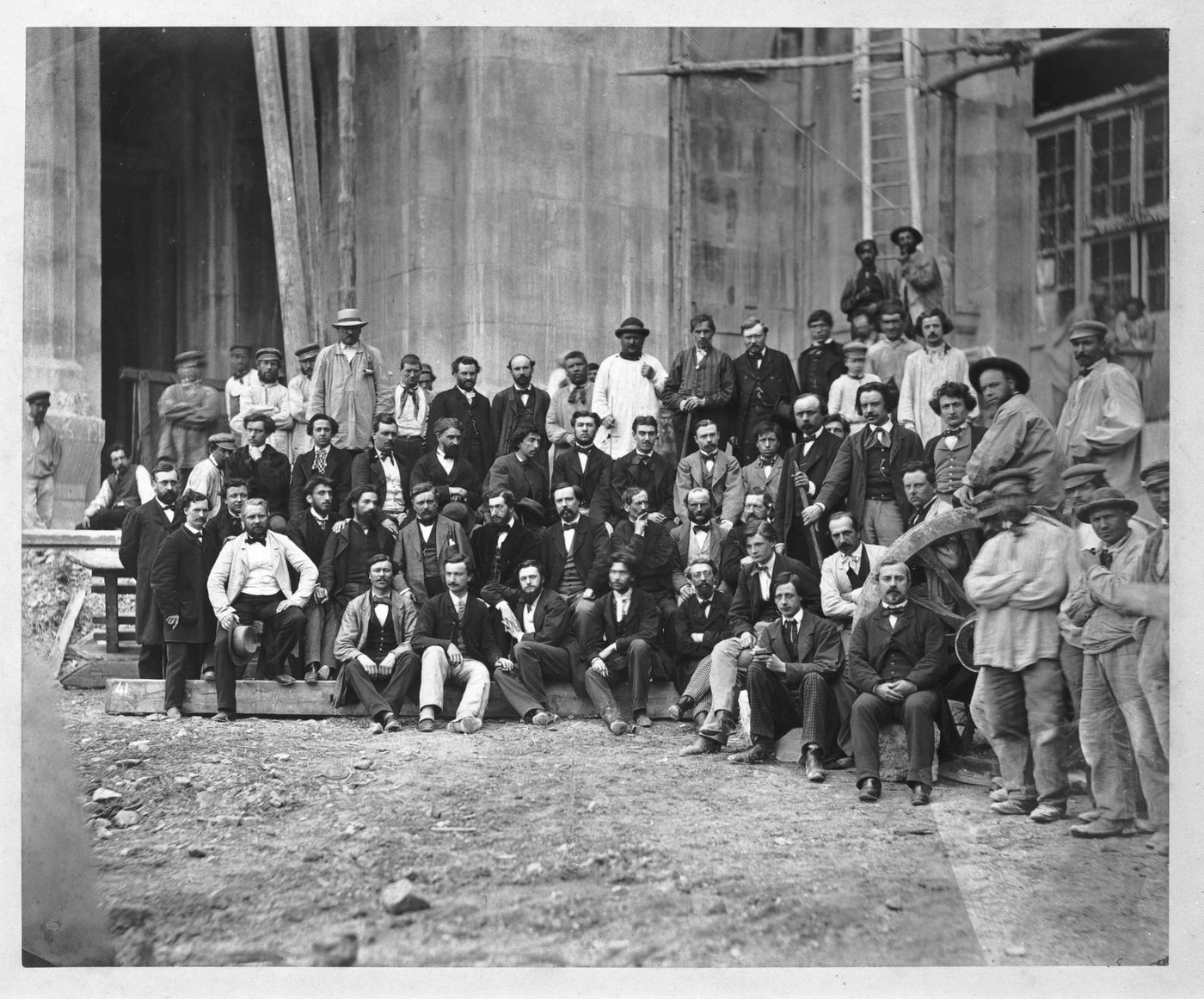 Group portrait of construction site, possibly of Paris Opera (as per Charles Garnier a workman)[?], Paris, France