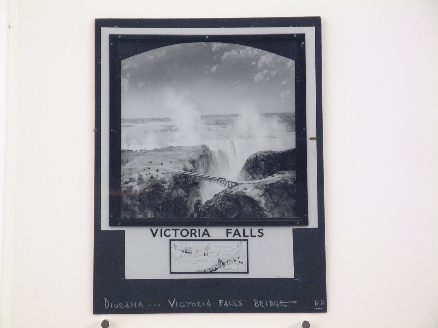 View of diorama of Victoria Falls and railway on Victoria Falls Bridge, Zambezi River, crossing the border between Victoria Falls, Zimbabwe and Livingstone, Zambia