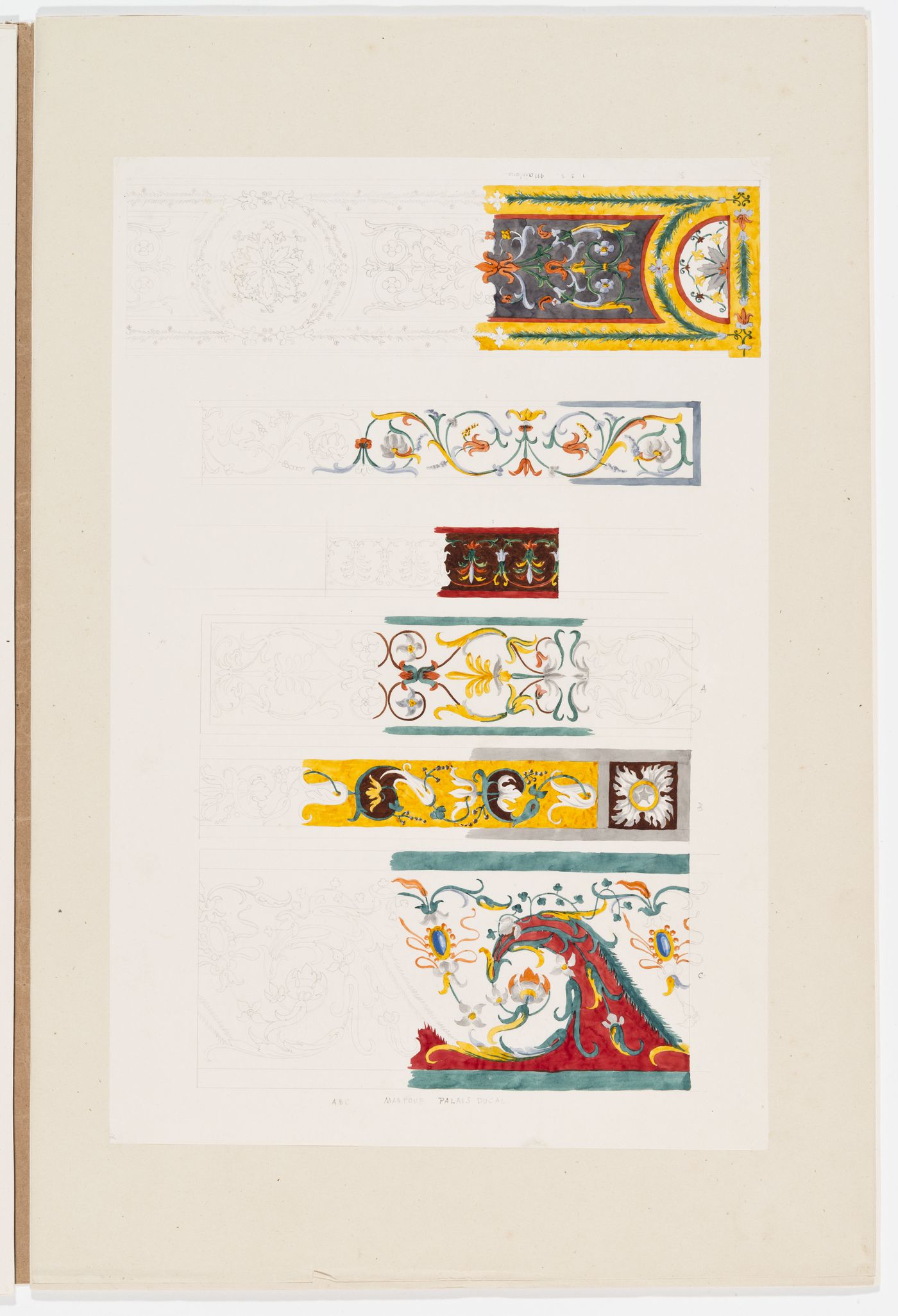 Ornament drawing of six bands decorated with arabesques from the Palazzo ducale, Mantua