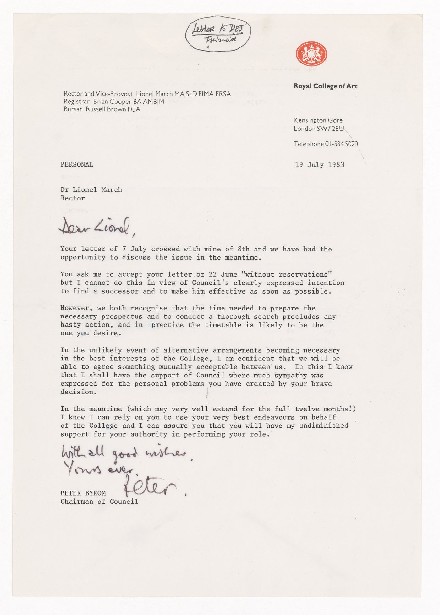 Correspondence from Peter Byrom to Lionel March regarding resignation from Royal College of Art, London