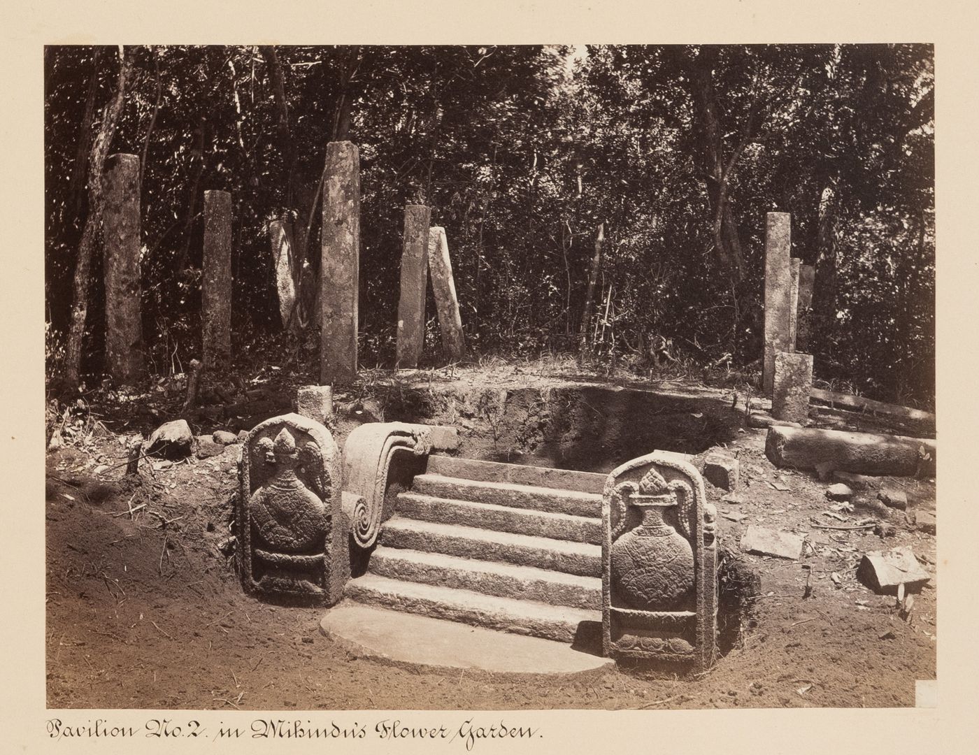 View of the ruins of Pavilion No. 2 showing a staircase and columns, Mihindu's Flower Garden, Mihintale, Ceylon (now Sri Lanka)