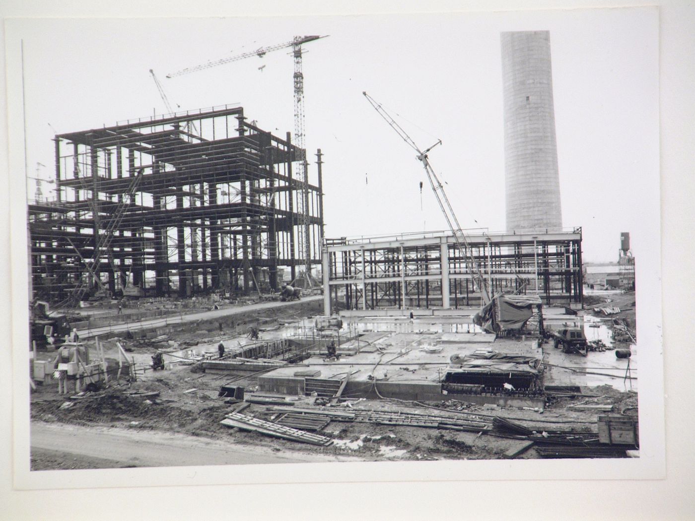 View of cranes and construction of steel structure for power station, United Kingdom