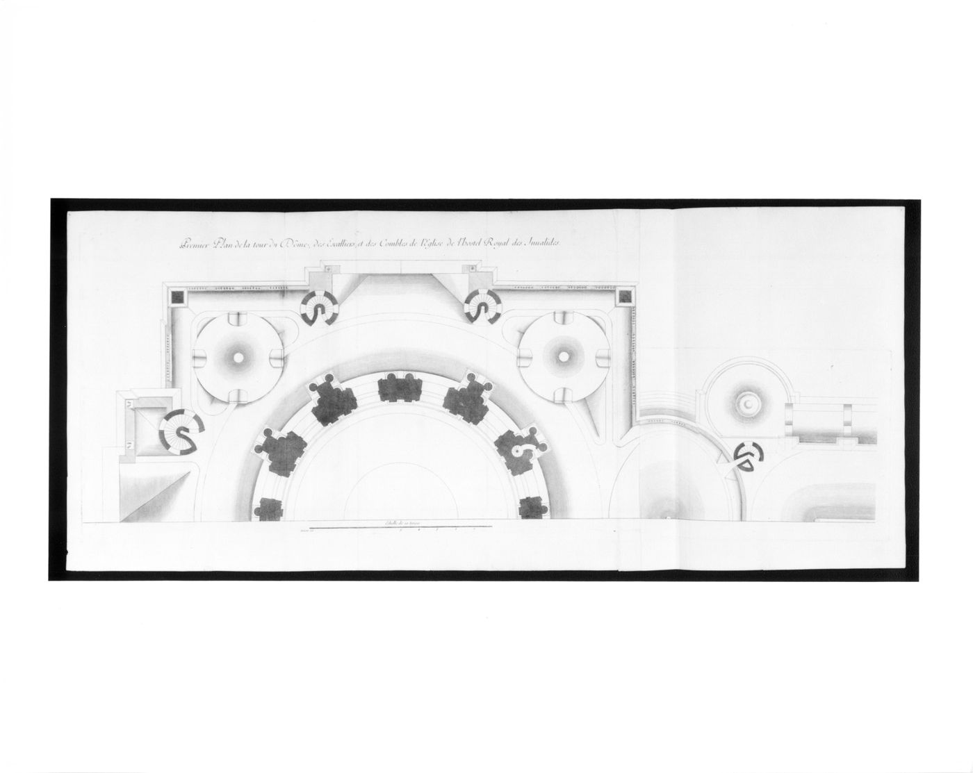 Half plan for Église des Invalides, Paris, showing the dome, stairs and attics