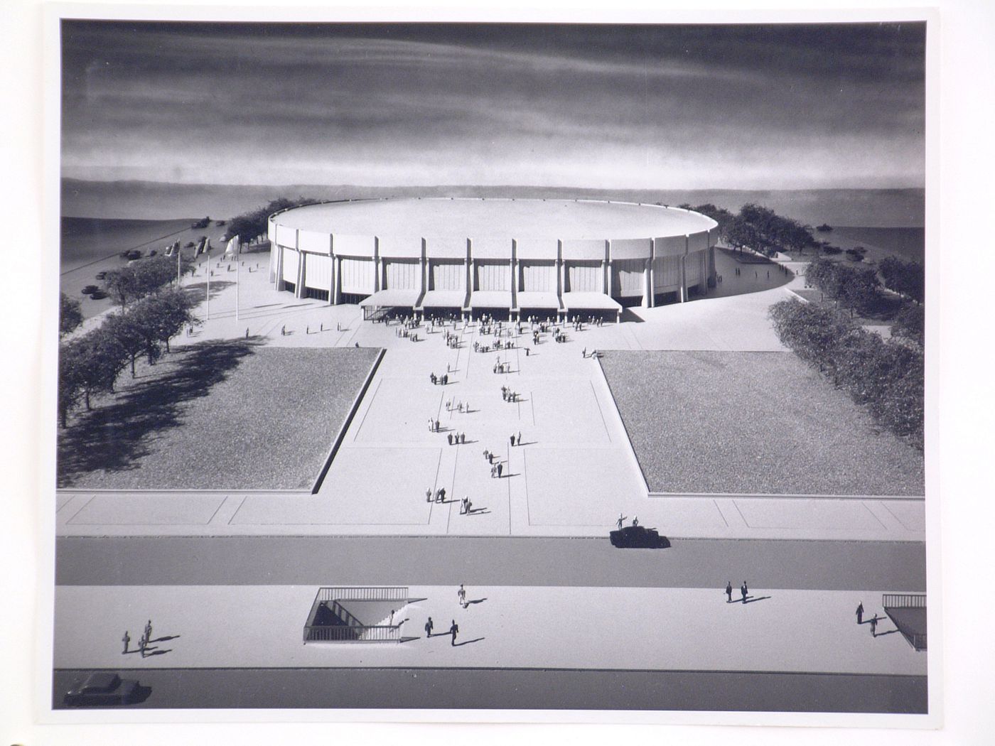 General view of the model of the Nassau Veteran's Memorial Coliseum building from above, Mineola, New York, United States