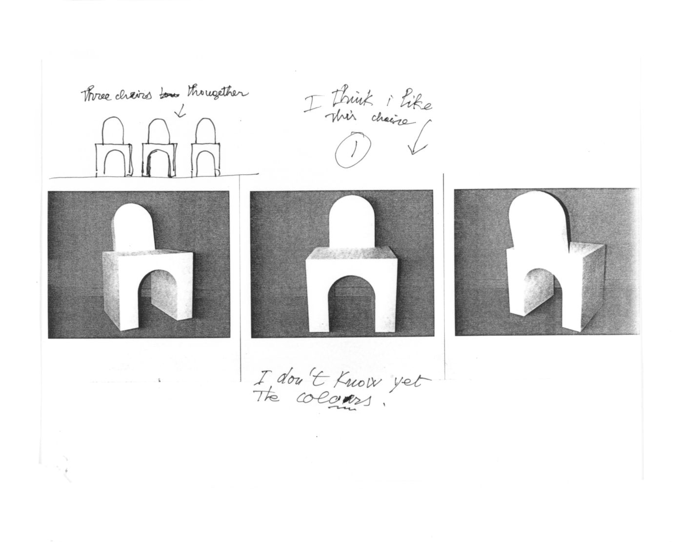 Annotated sketch and photocopy of photographs of a chair for the Shaughnessy House, Centre Canadien d'Architecture, Montréal