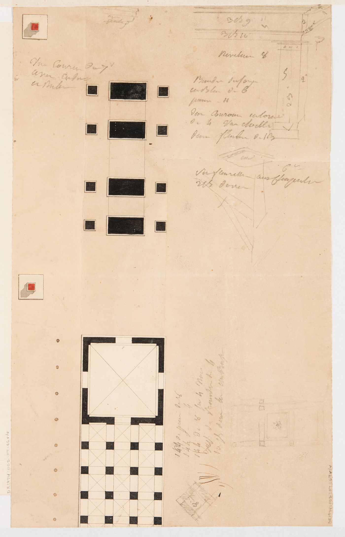 Elevations for a mantel, possibly for M. le Dhuy; verso: Partial plan for an unidentified building