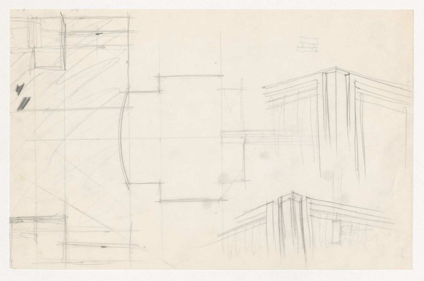 Perspective sketches showing window mullions, cornice and column connection at corners and an unidentified sketch for the Metallurgy Building, Illinois Institute of Technology, Chicago, with a small sketch elevation for brick coursing