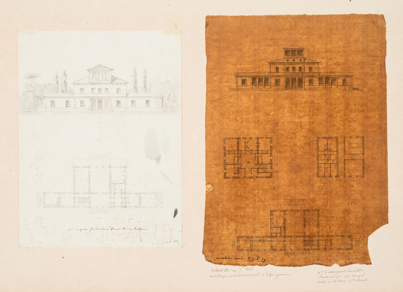 Project for a château for M. de Lorgeril, Motte Beaumanoir: Elevations and plans