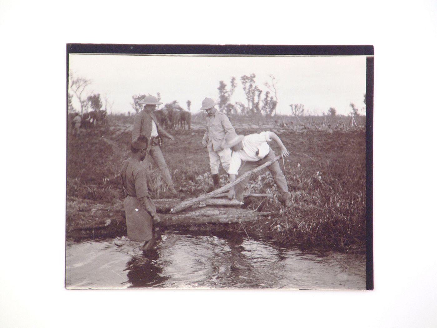 View of men stacking logs, near Zambezi River