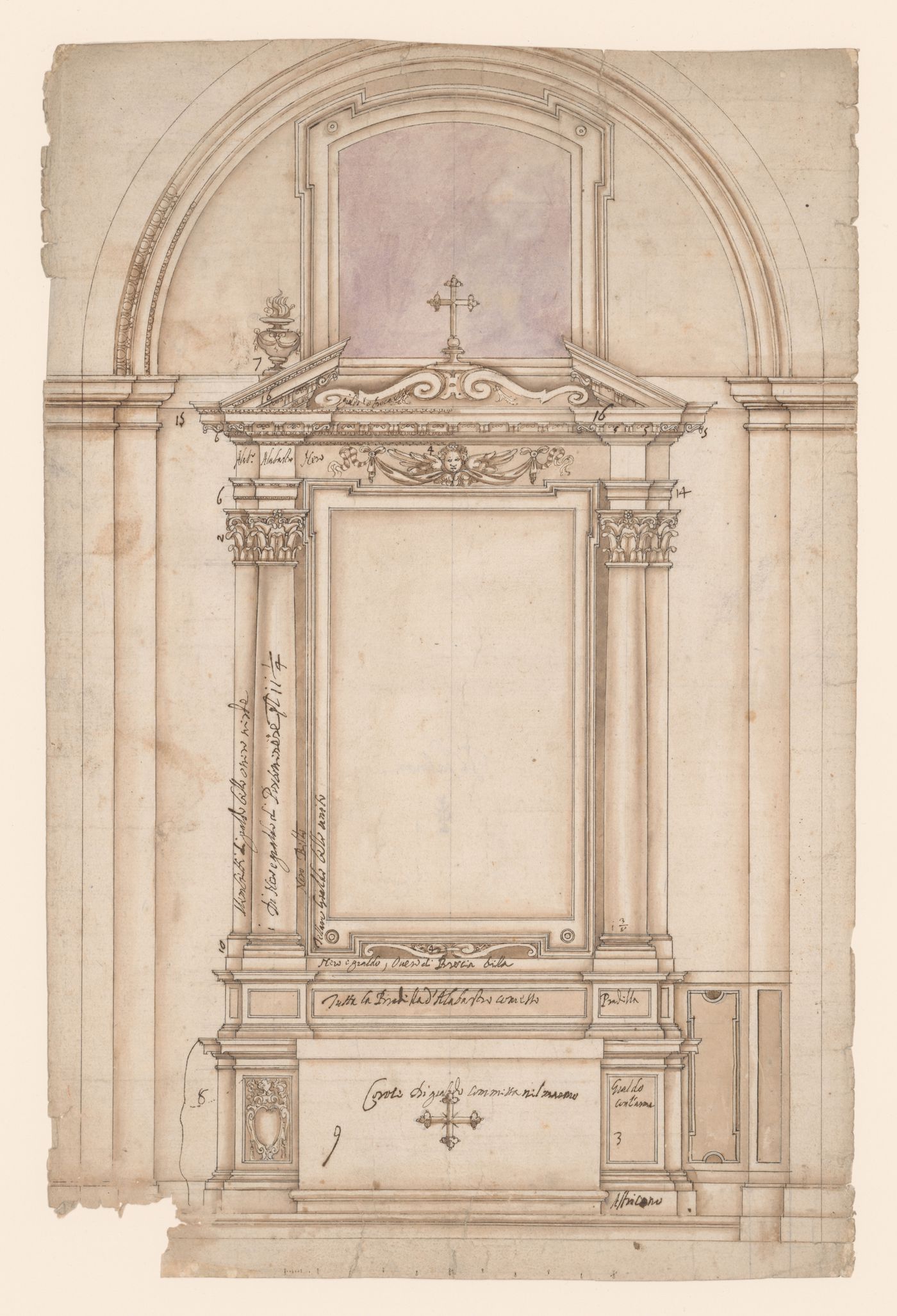 Elevation for an altarpiece frame with Corinthian columns and a broken pediment