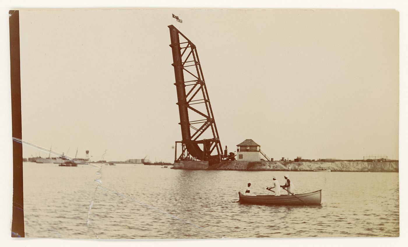 View of Port Sudan bridge raised, with canoe, Khartoum, Sudan