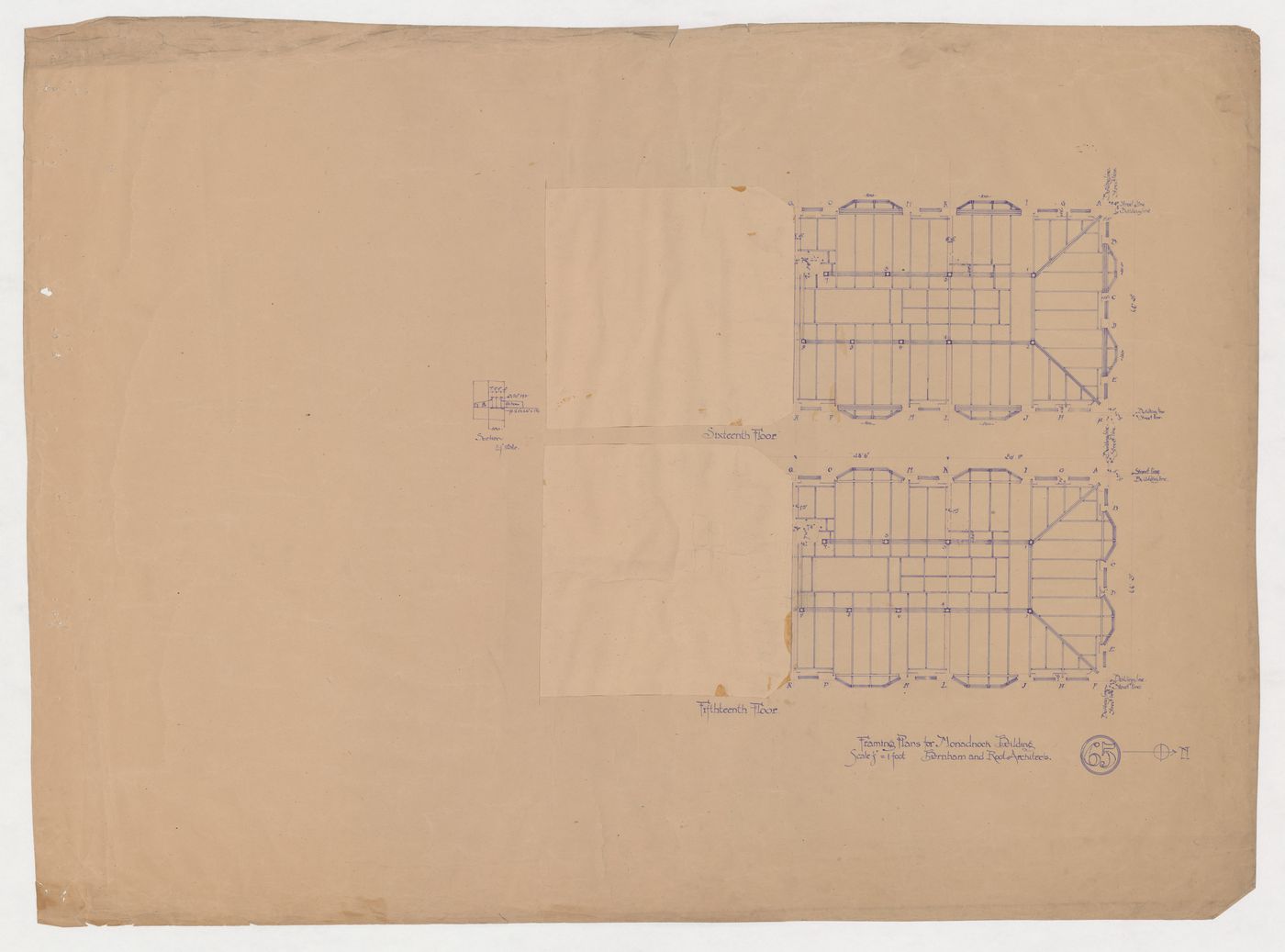 Monadnock Building, Chicago: Fifteenth and sixteenth floor framing plans with sectional detail for beam-to-column connections