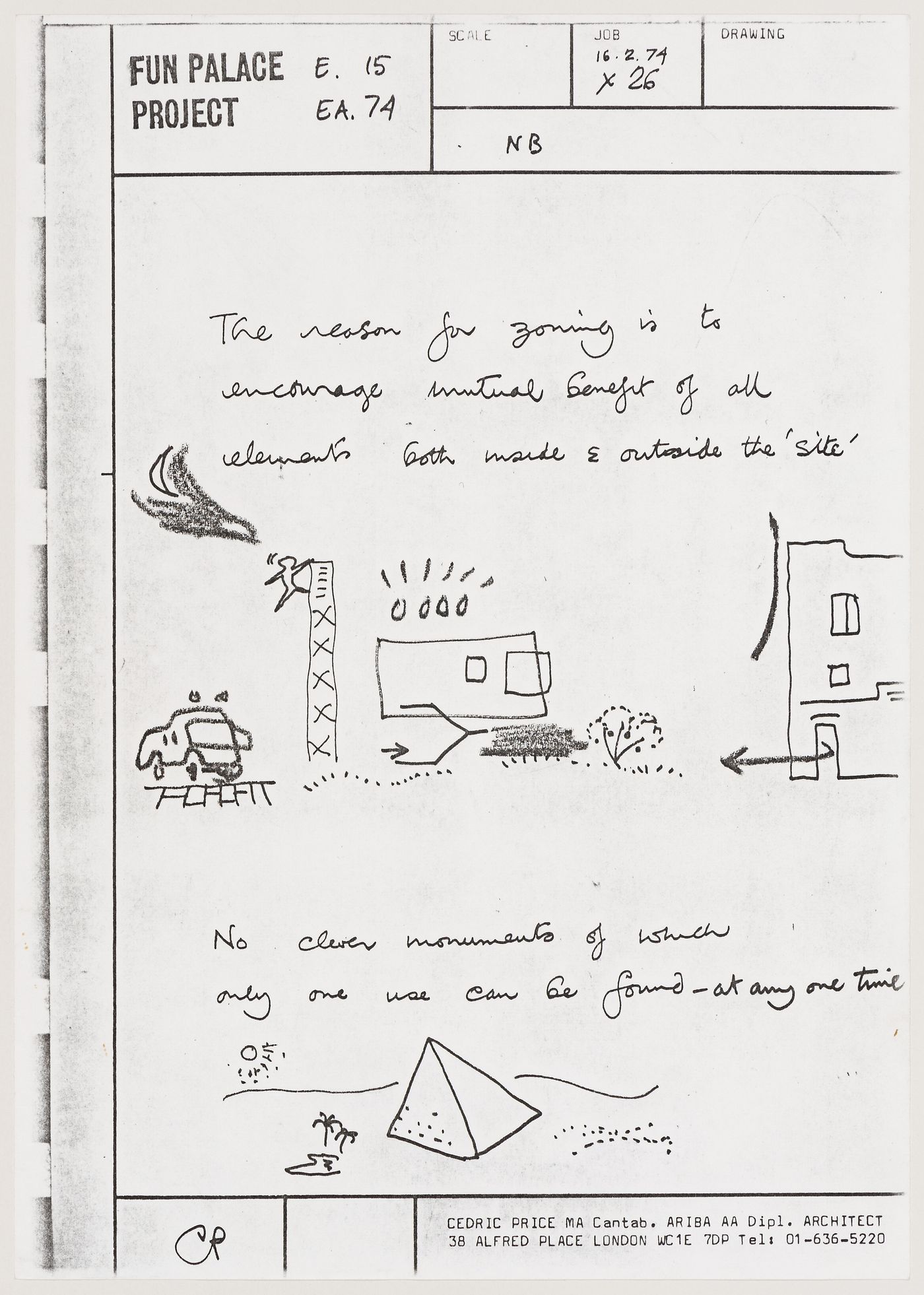 Sketches and notes related to zoning (Fun Palace project)