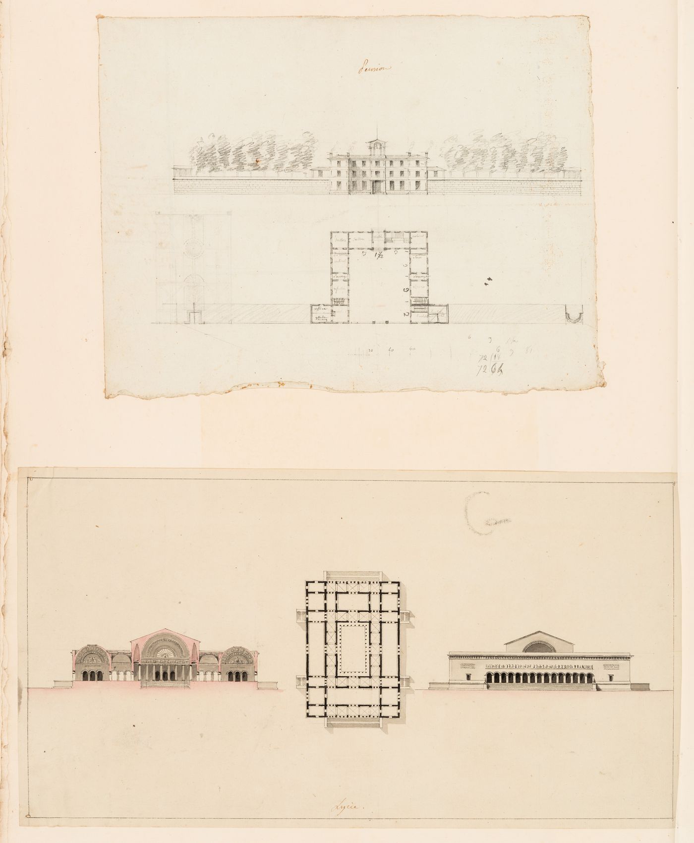 Elevation and plan for a temple; verso: Section, plan and elevation for a lycée; Elevation and plan for a pension