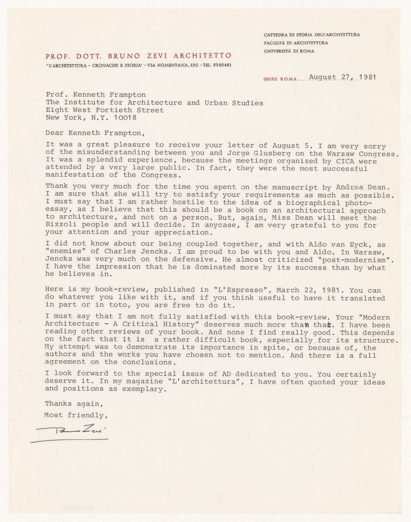 Letter to Kenneth Frampton from Bruno Zevi