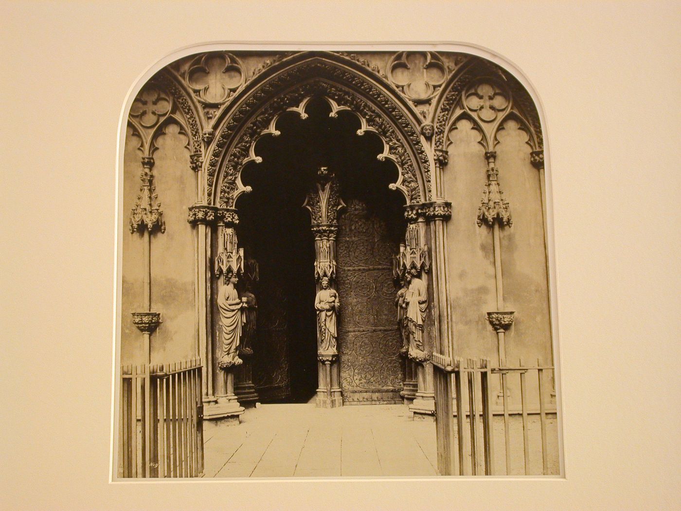 Detail of entrance and façade, probably central 1 portion of west porch, Lichfield, England