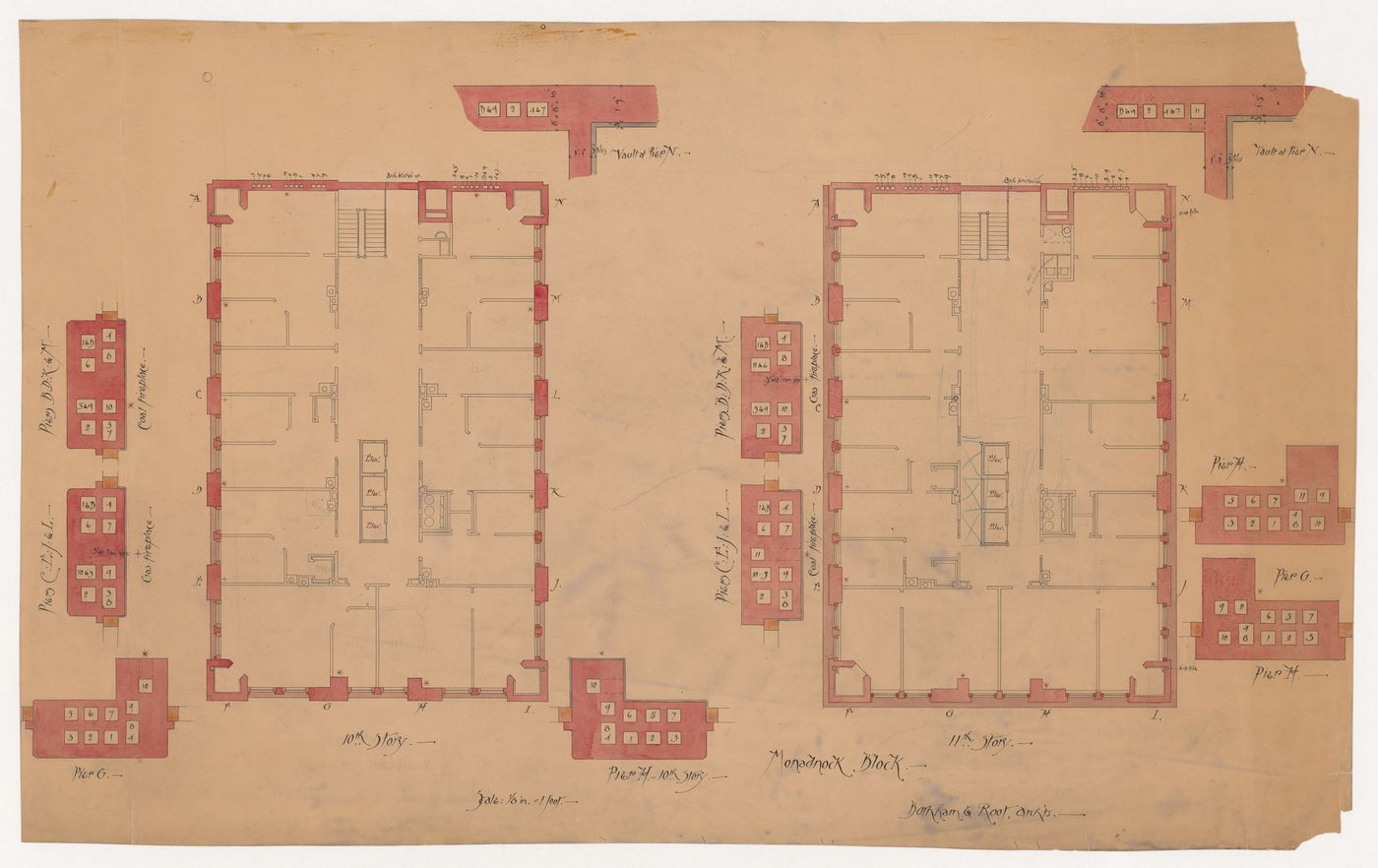 Monadnock Block, Chicago: Tenth and eleventh floor plans with plans for piers showing the location of pipes