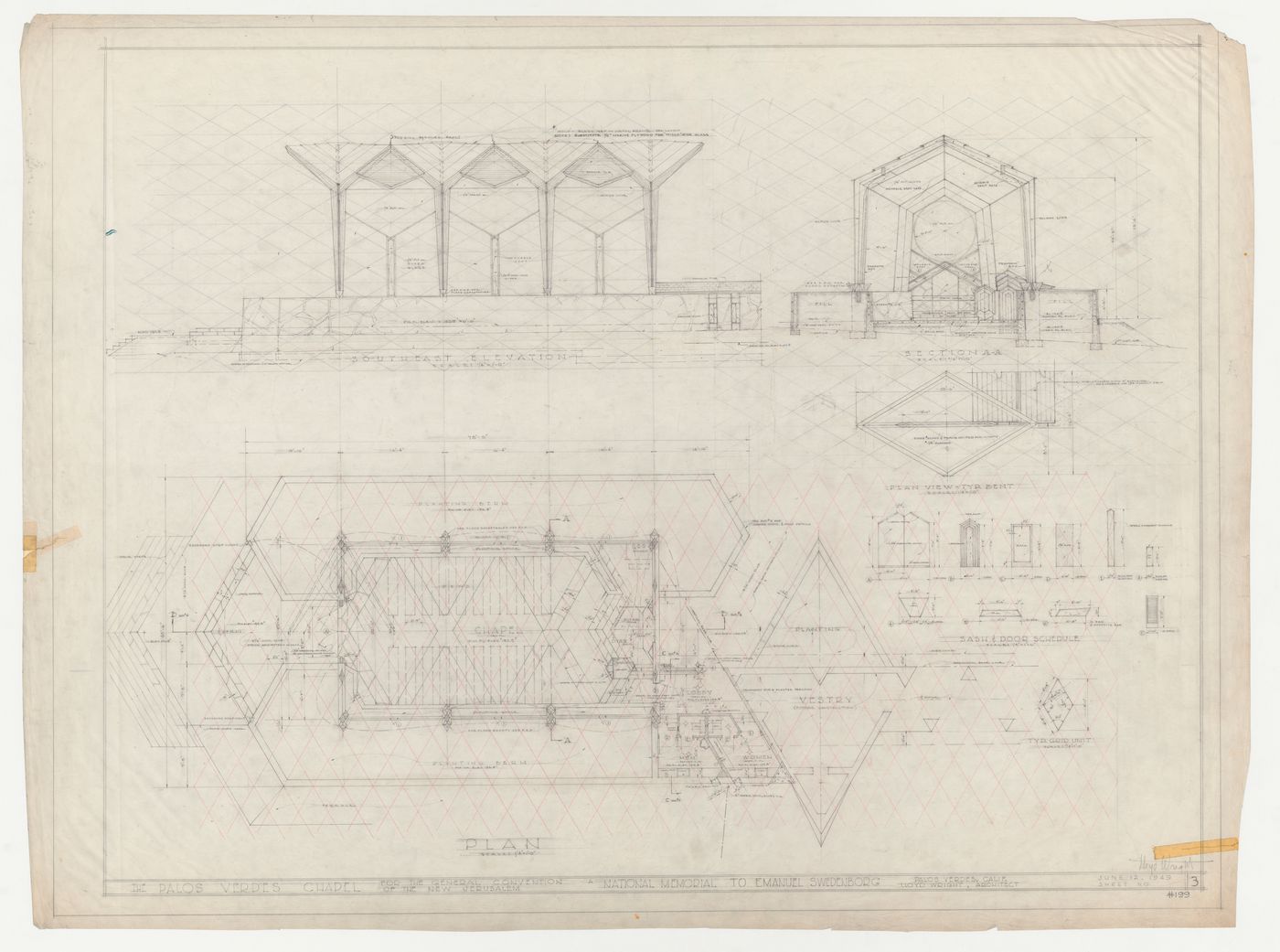Wayfarers' Chapel, Palos Verdes, California: Plan, southeast elevation and section with sash and door schedule and plan for redwood bent truss developed on an equilateral parallelogram grid