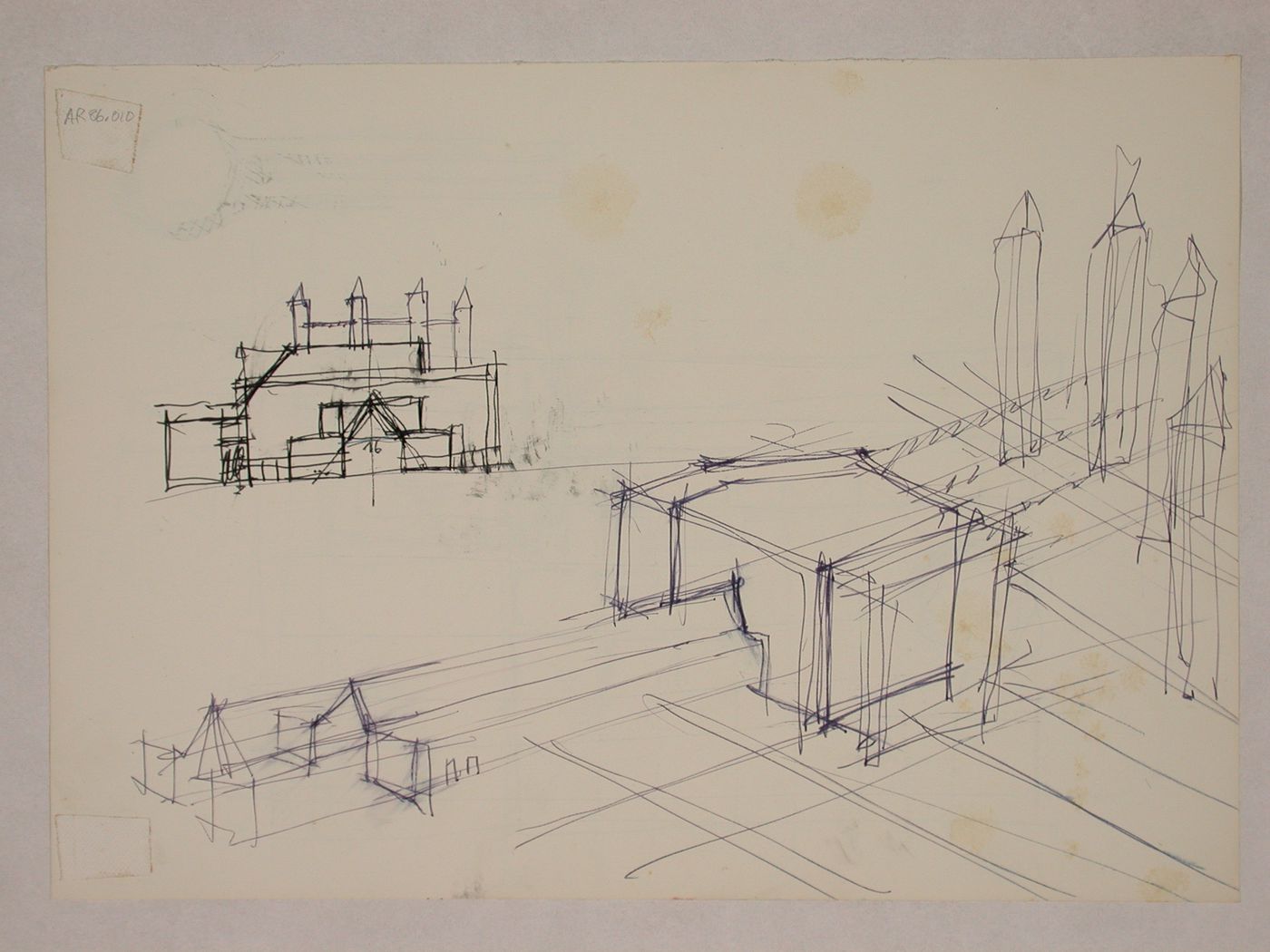 Sketch axonometric, sketch detail, sketch elevations [?] and sketch section [?] for Centro Direzionale, Florence