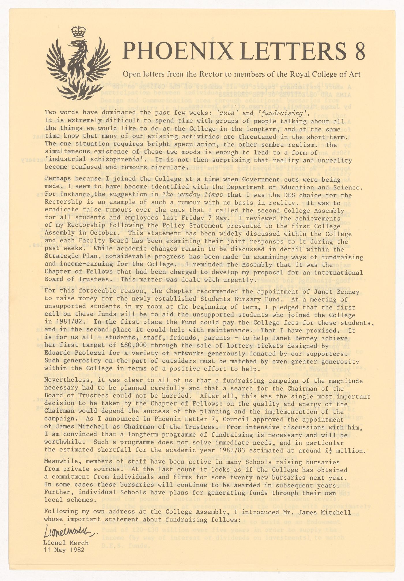 Open letter by Lionel March for the Royal College of Art publication "Phoenix Letters"