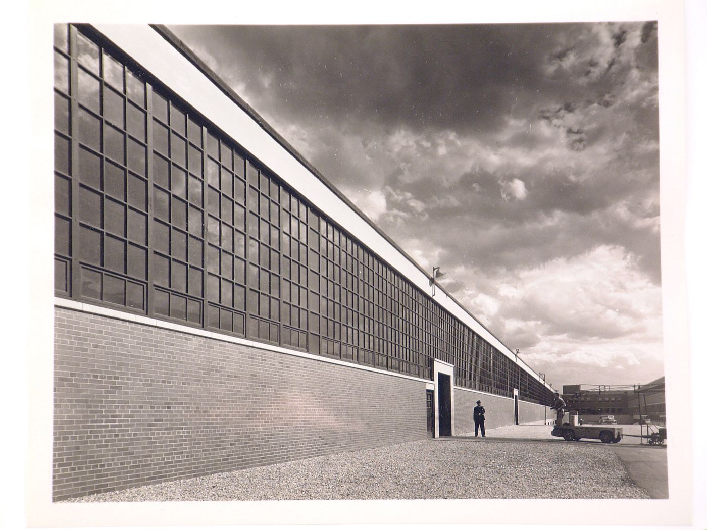 View of the principal [?] façade of the Automobile Assembly Building (also known as Building No. 4), Dodge Chicago Plant, Chrysler Corporation Dodge division, Chicago, Illinois