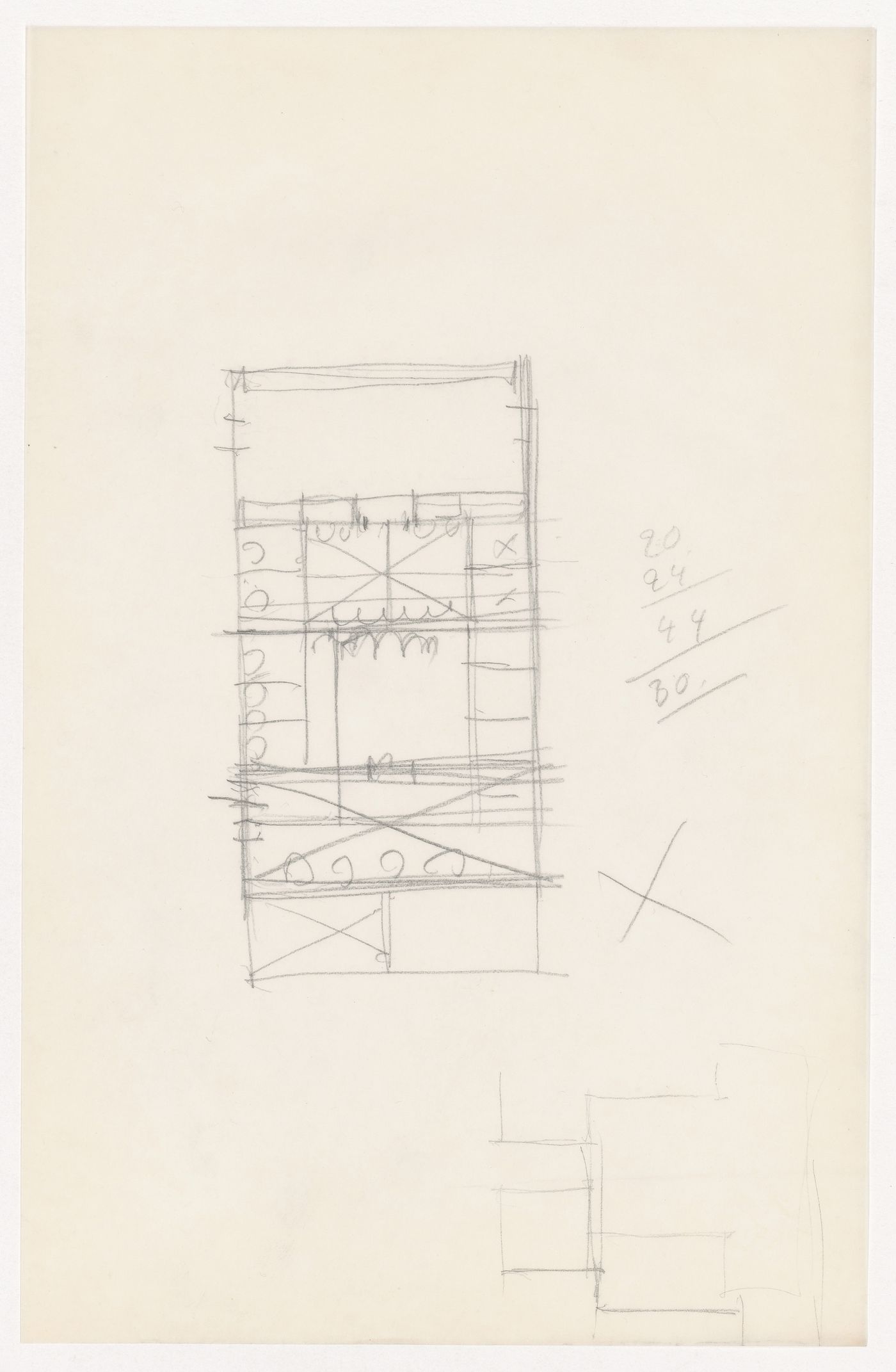 Partial sketch plan for the Metallurgy Building, Illinois Institute of Technology, Chicago, with an unidentified sketch