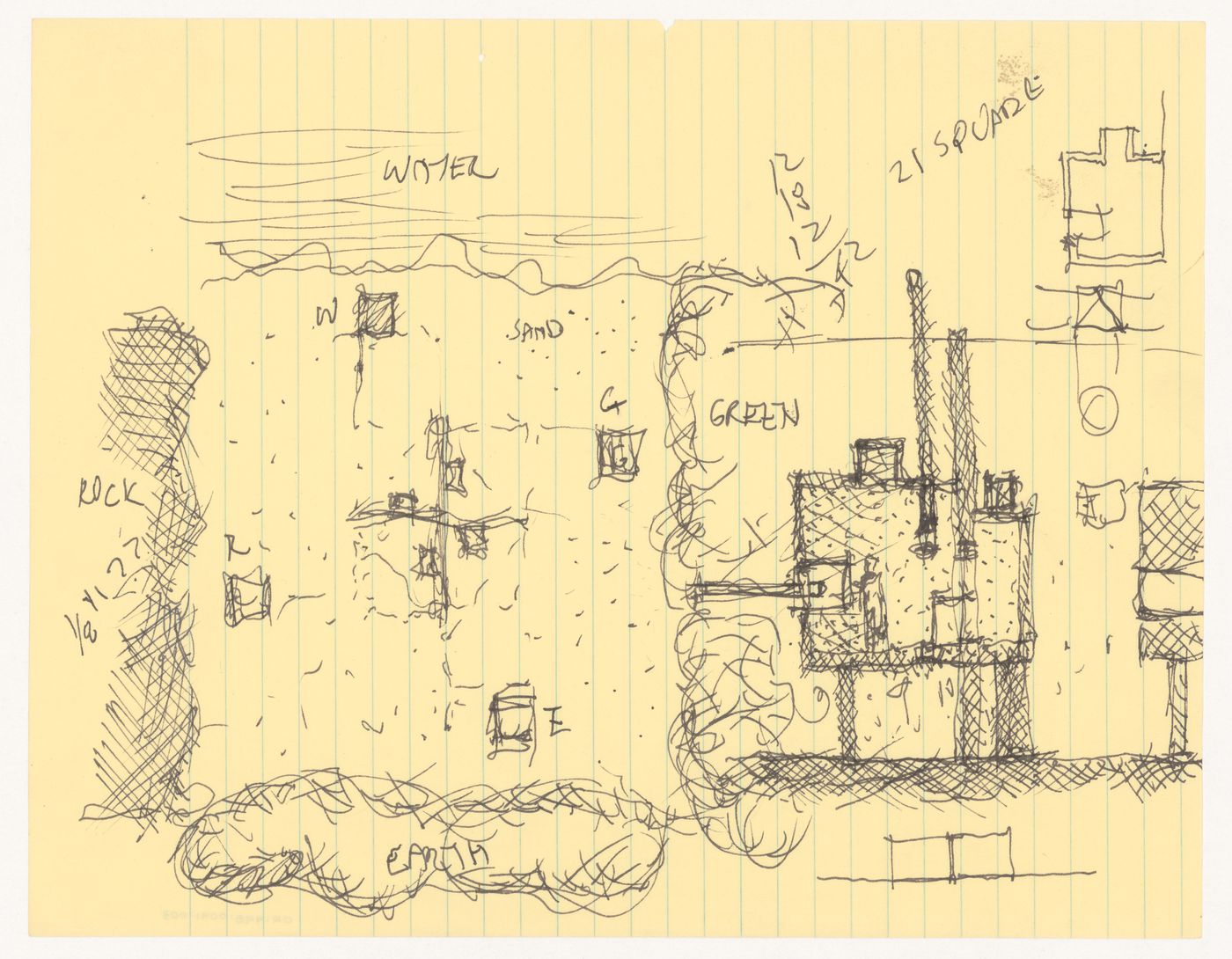 Sketches with annotations for North East South West House