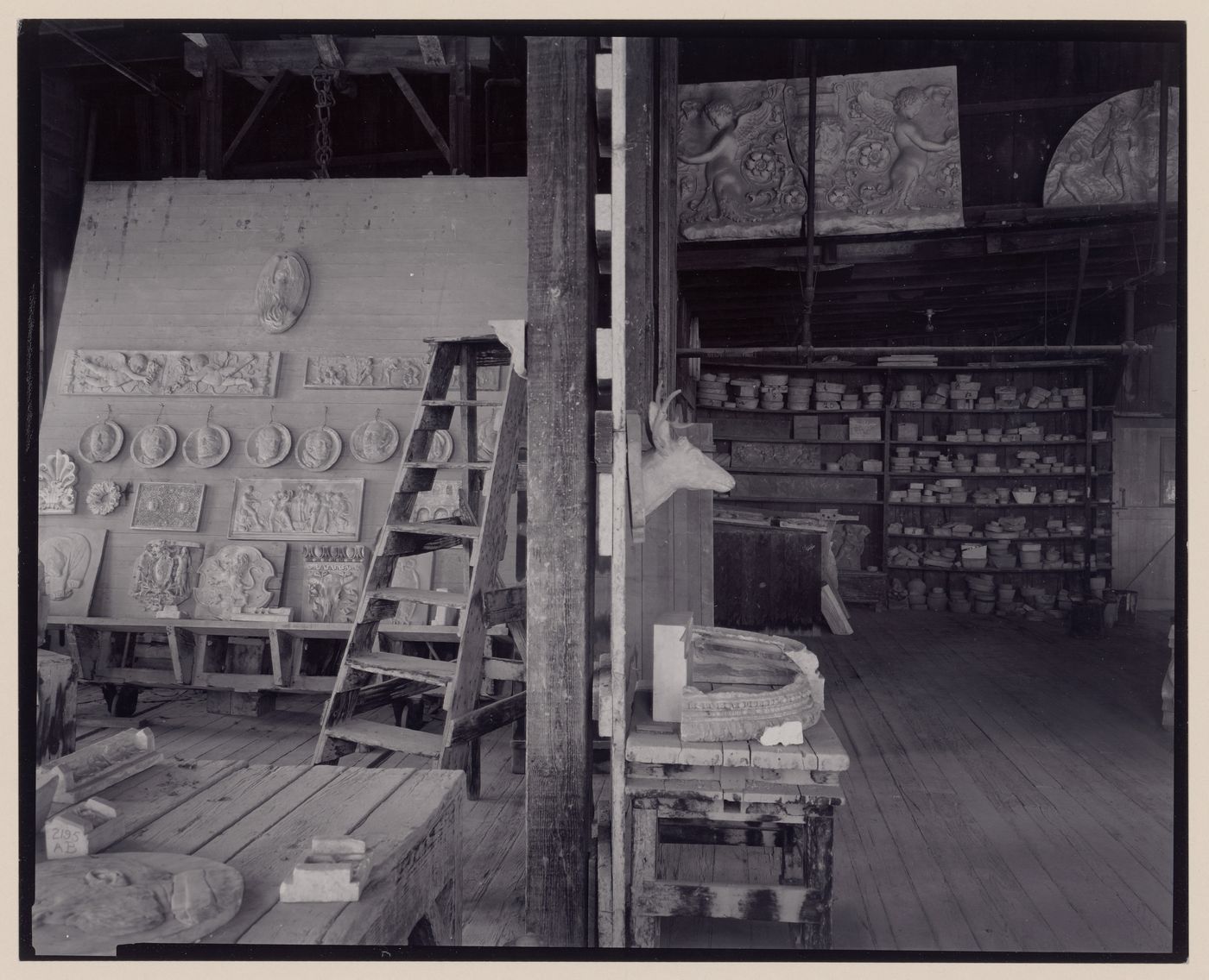 Gladding McBean terra-cottafactory studio with terra-cotta pieces on walls and shelves, Lincoln, California