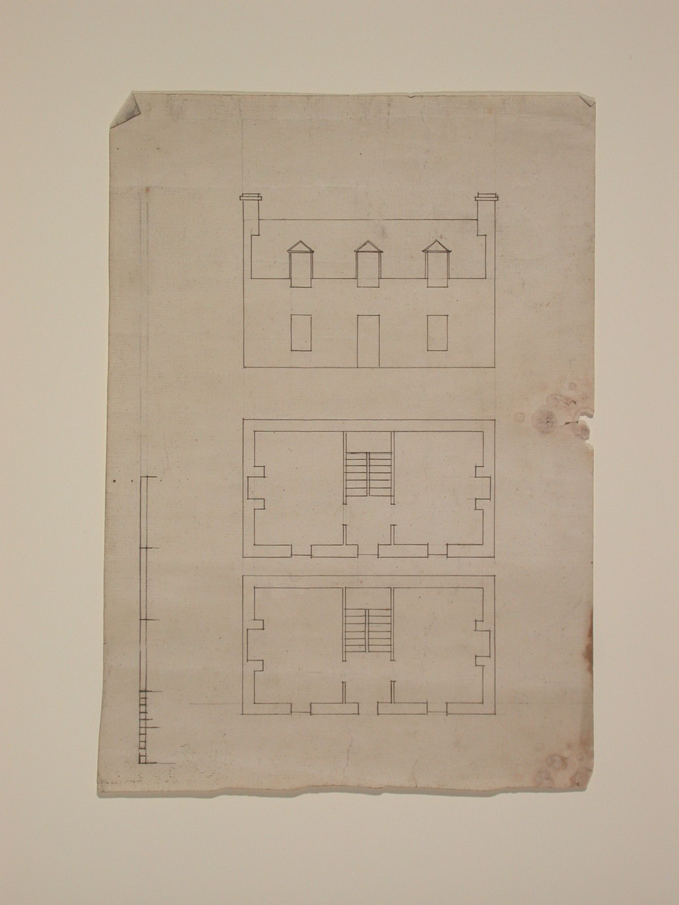 Ground and first floor plans and elevation for a house