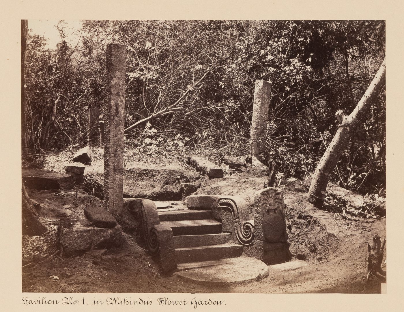 View of the ruins of Pavilion No. 1 showing a staircase and columns, Mihindu's Flower Garden, Mihintale, Ceylon (now Sri Lanka)