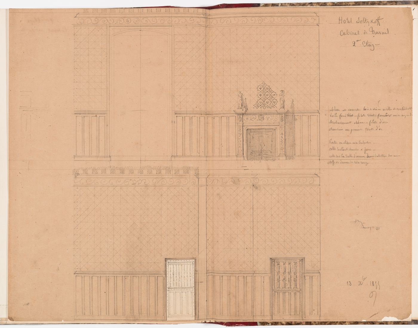 Interior elevation for the "cabinet de travail" or the "cabinet sur la cour" on the second floor, including a design and a variant design for a wooden screen, Hôtel Soltykoff