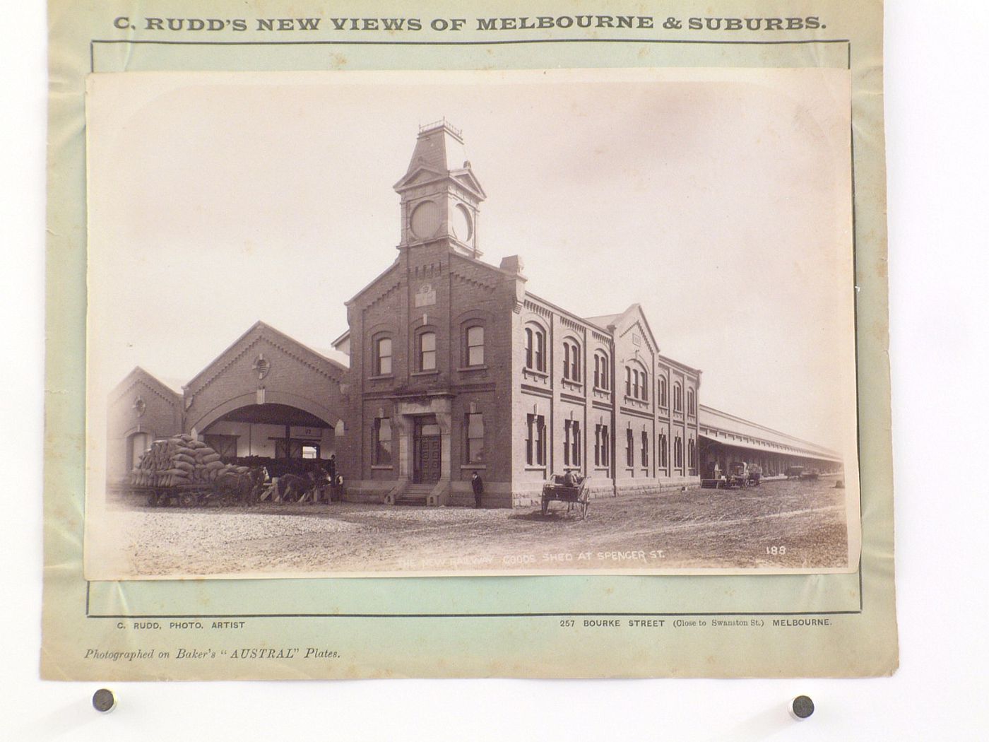 View of Railway Goods Shed showing the railway platform, the administration building and a platform for delivering goods [?], Spencer Street, Melbourne, Australia