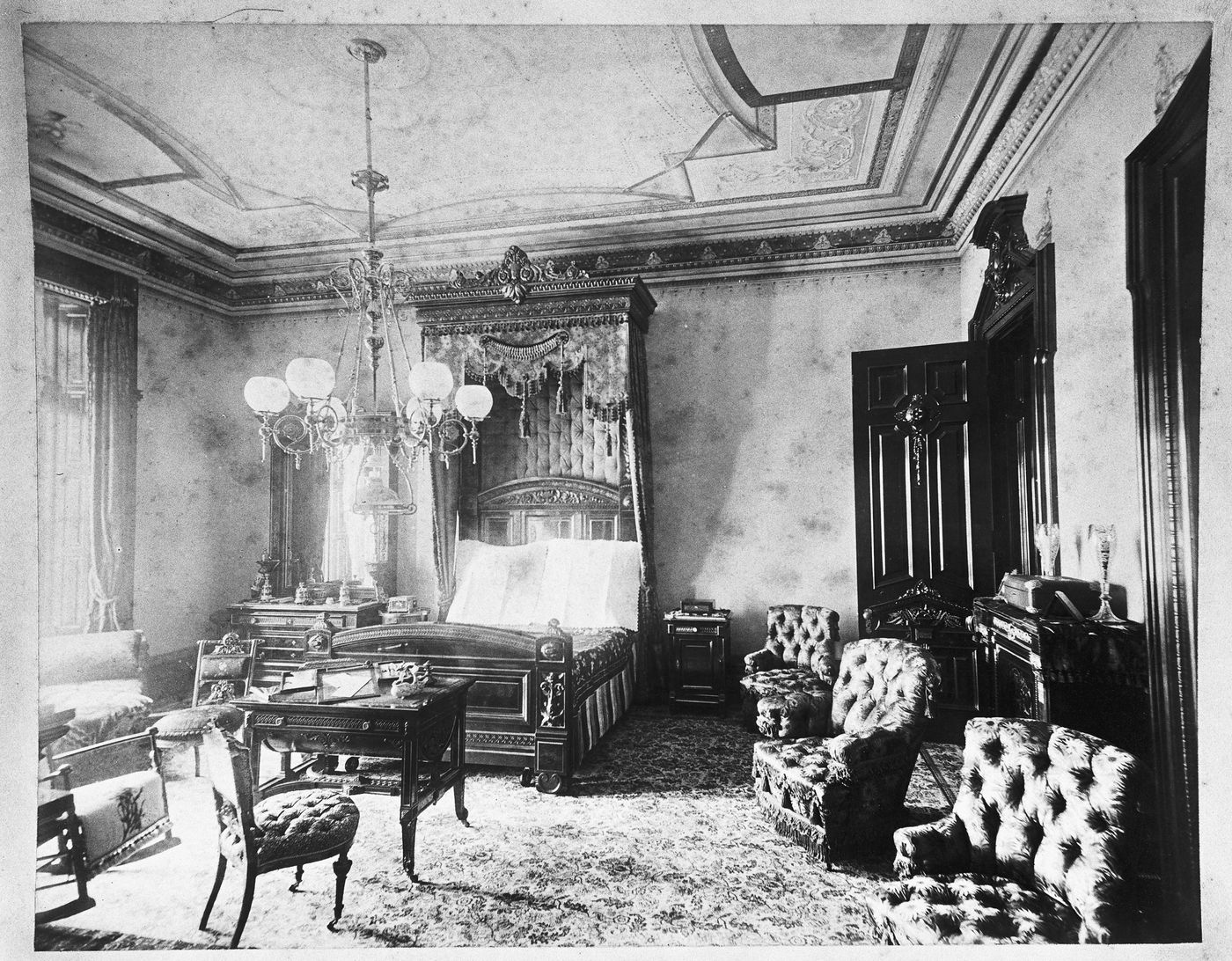 Bedroom with chairs and writing desk, Linden Towers, James Clair Flood Estates, Atherton, California