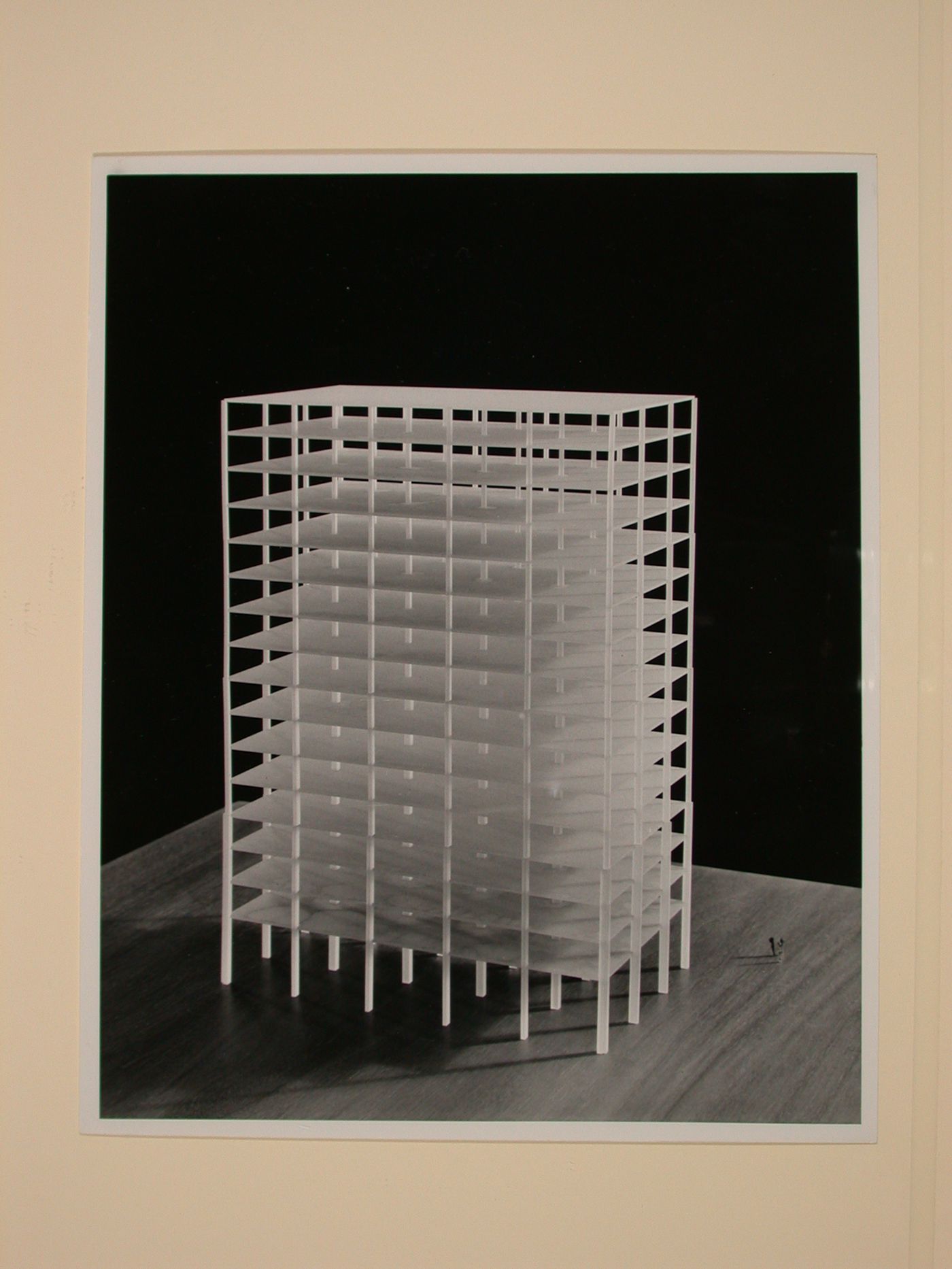 Photograph of a student [?] model for a building with concrete structural framework, Sequence of Tall Buildings
