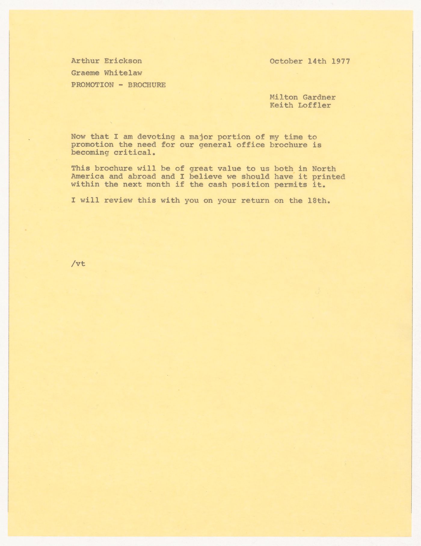 Correspondence between Arthur Erickson and Wilton Gardner and Keith Loffler regarding office promotional brochure