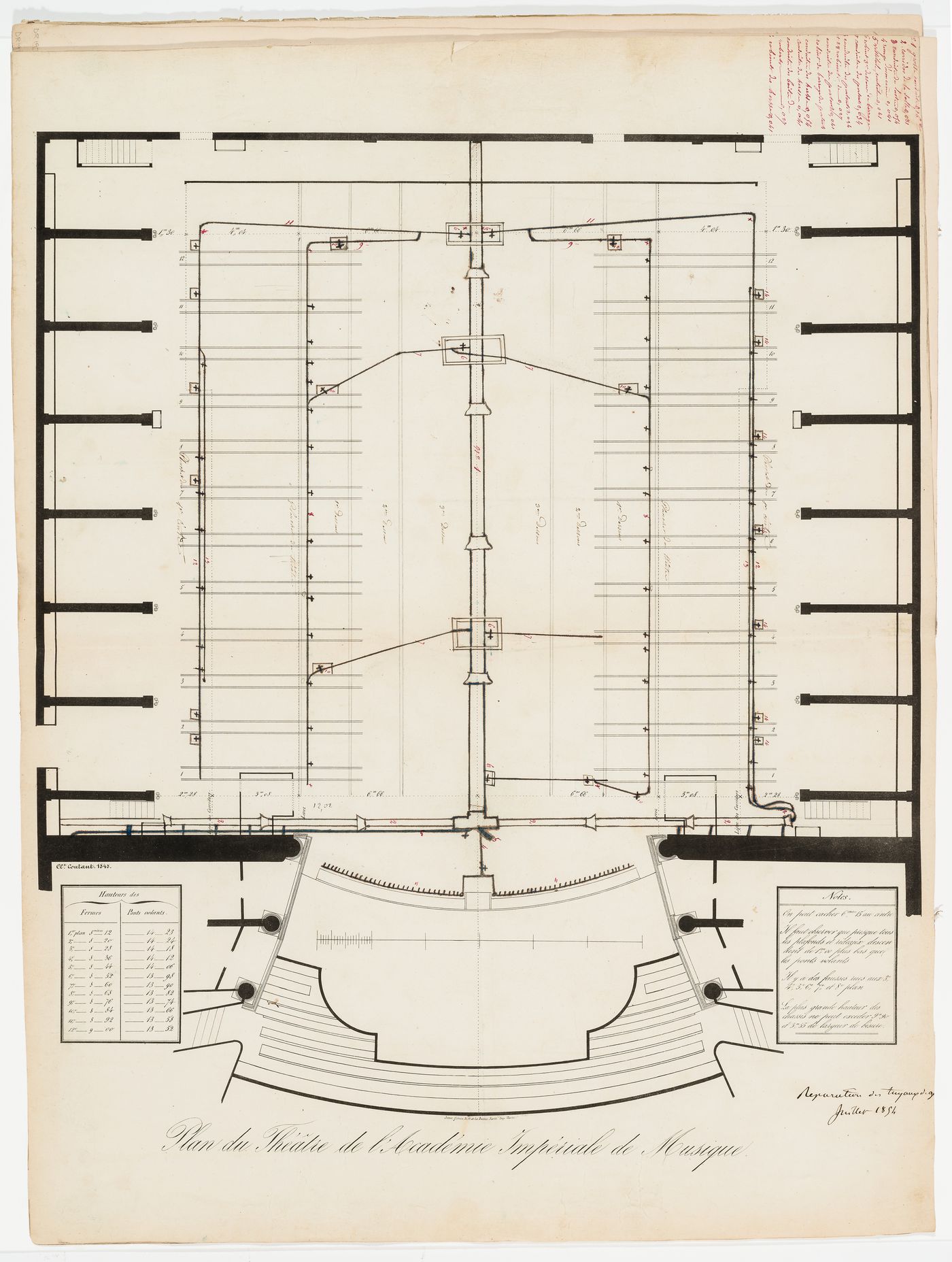 Plan, probably of the second floor, with additions for repairs to the gas pipes, Salle Le Peletier