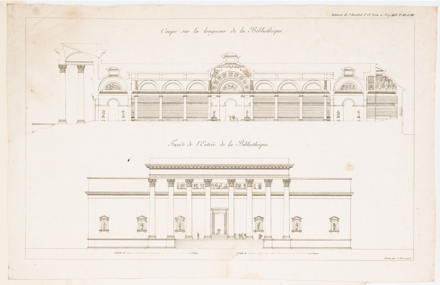 Library on the site of the Magdelaine: Longitudinal section and principal elevation