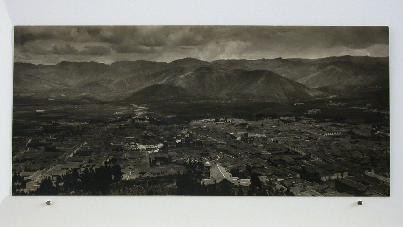 Panoramic view of unidentified town, looking toward the mountains, Spain ?