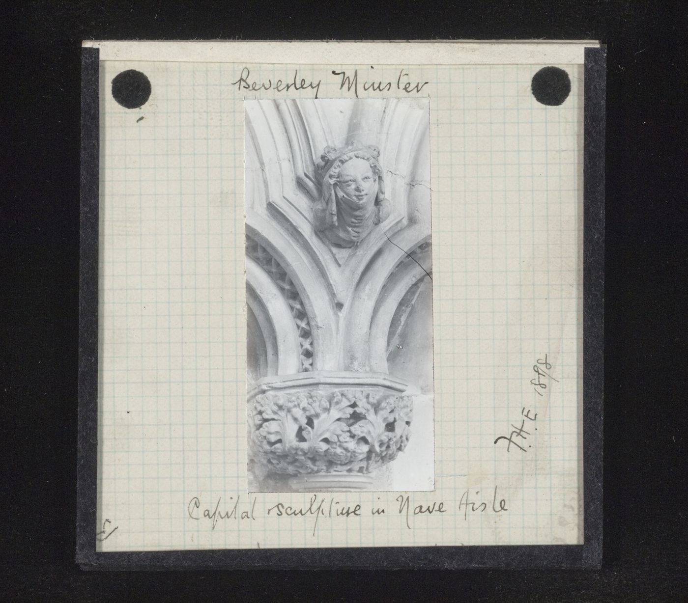 View of capital and sculpture of woman's head in nave of Beverley Minster, Beverley, Yorkshire, England