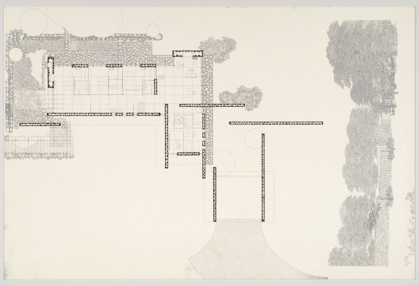 Floor plan and perspective for the Alfred Caldwell House, Bristol, Wisconsin