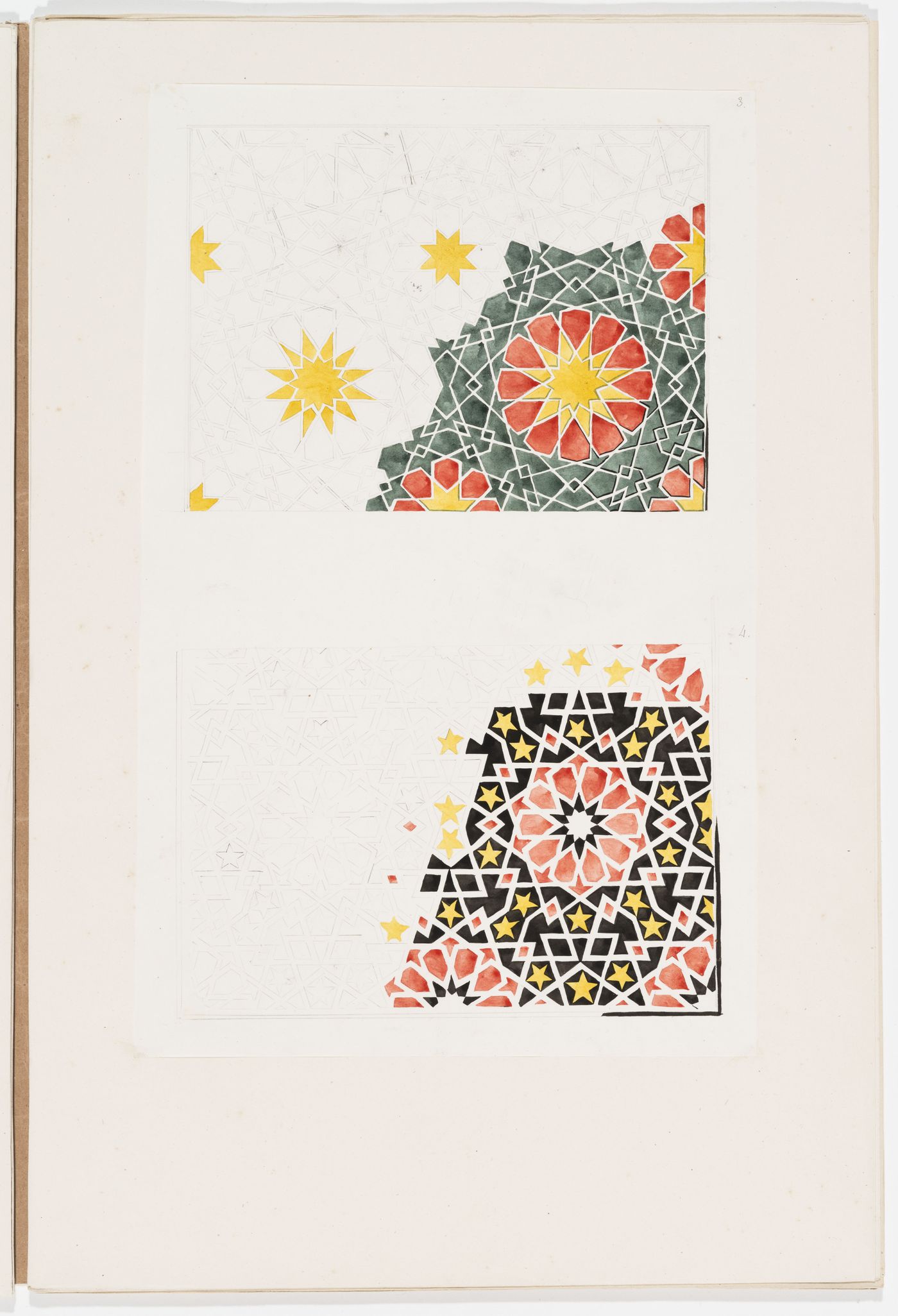 Ornament drawing of two panels decorated with interlacing lines and geometric shapes, probably Islamic