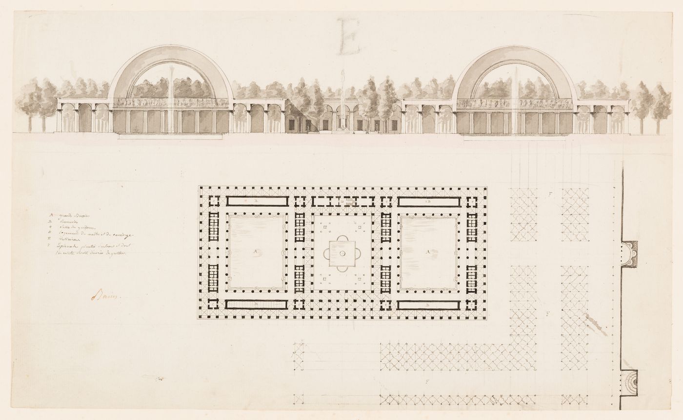 Site plan and elevation for the third project for an institute; verso: Section and plan for a public bath