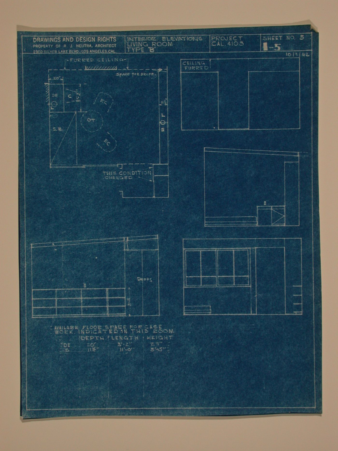 Interior elevations and plan for living room type "B"