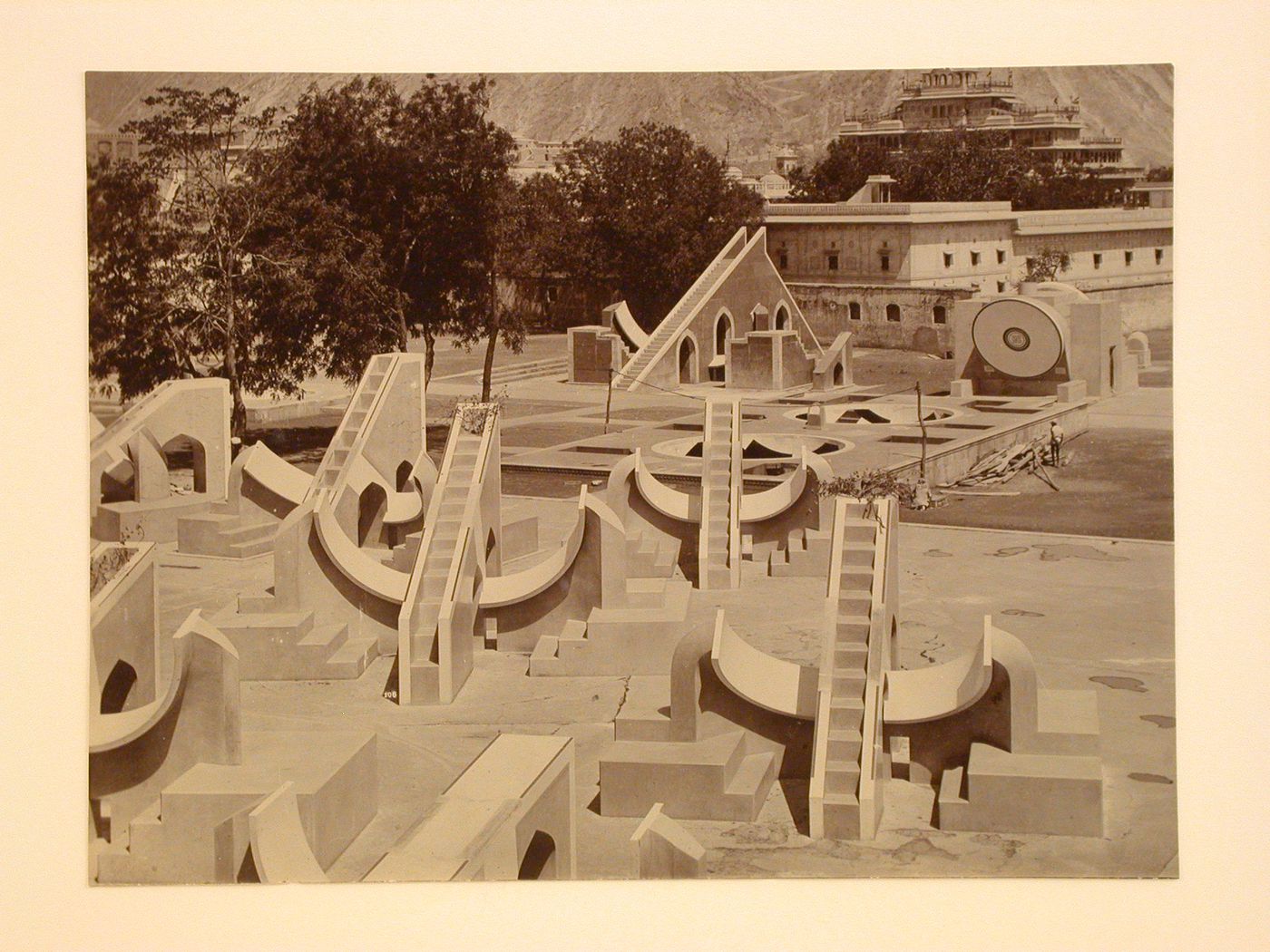 View of astronomical instruments, including the Rasivalaya Yantra, Jaipur Observatory, Jeypore (now Jaipur), India