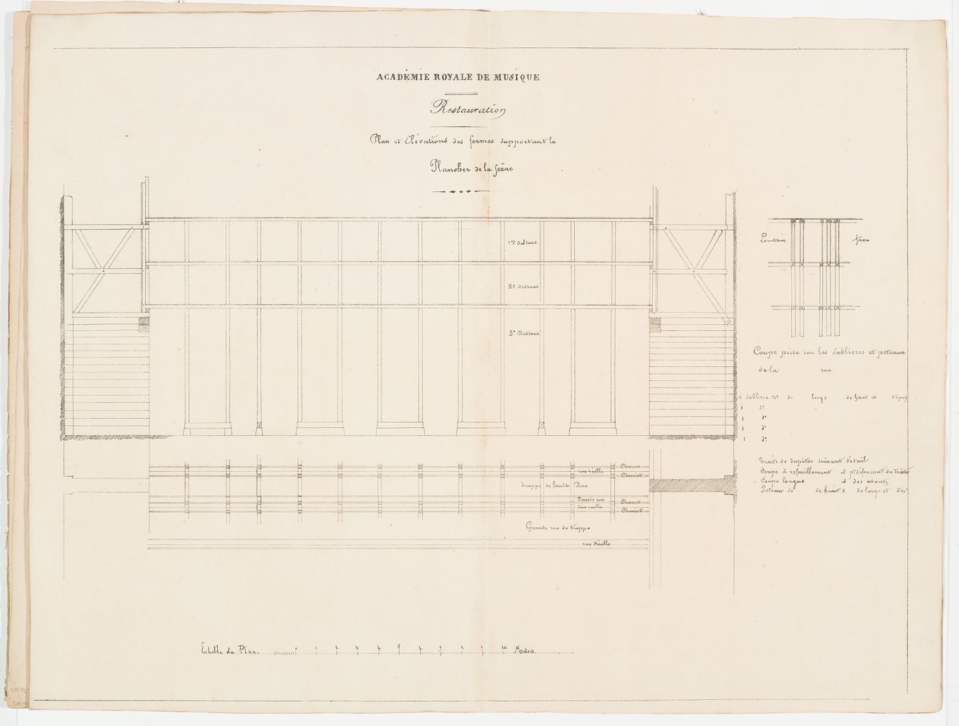 Plans, elevations, and section with additions for restorations to the stage floor joists, Salle Le Peletier