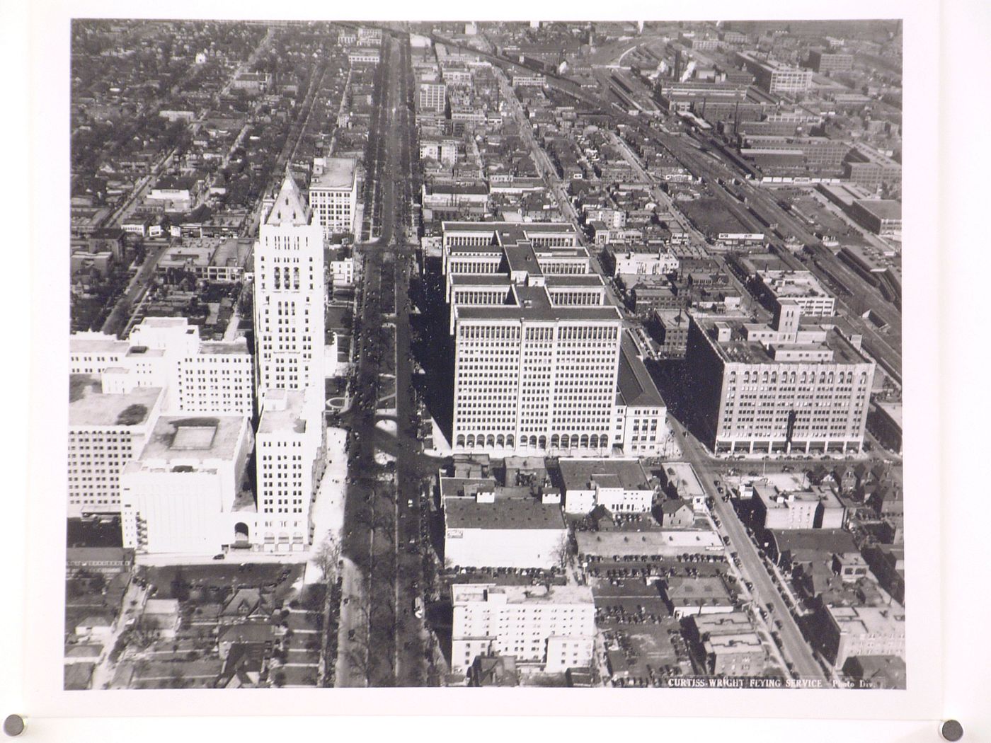 Aerial view of Detroit showing the Fisher Building on the left and the General Motors Building in the centre, West Grand Boulevard, Detroit, Michigan