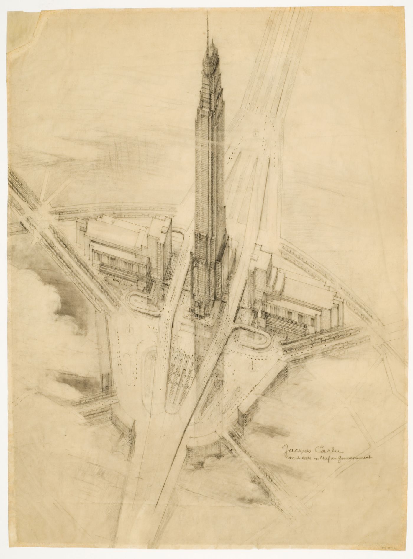 Skyscraper project for La Défense, Paris, France: aerial perspective / Projet de gratte-ciel à La Défense: perspective aérienne